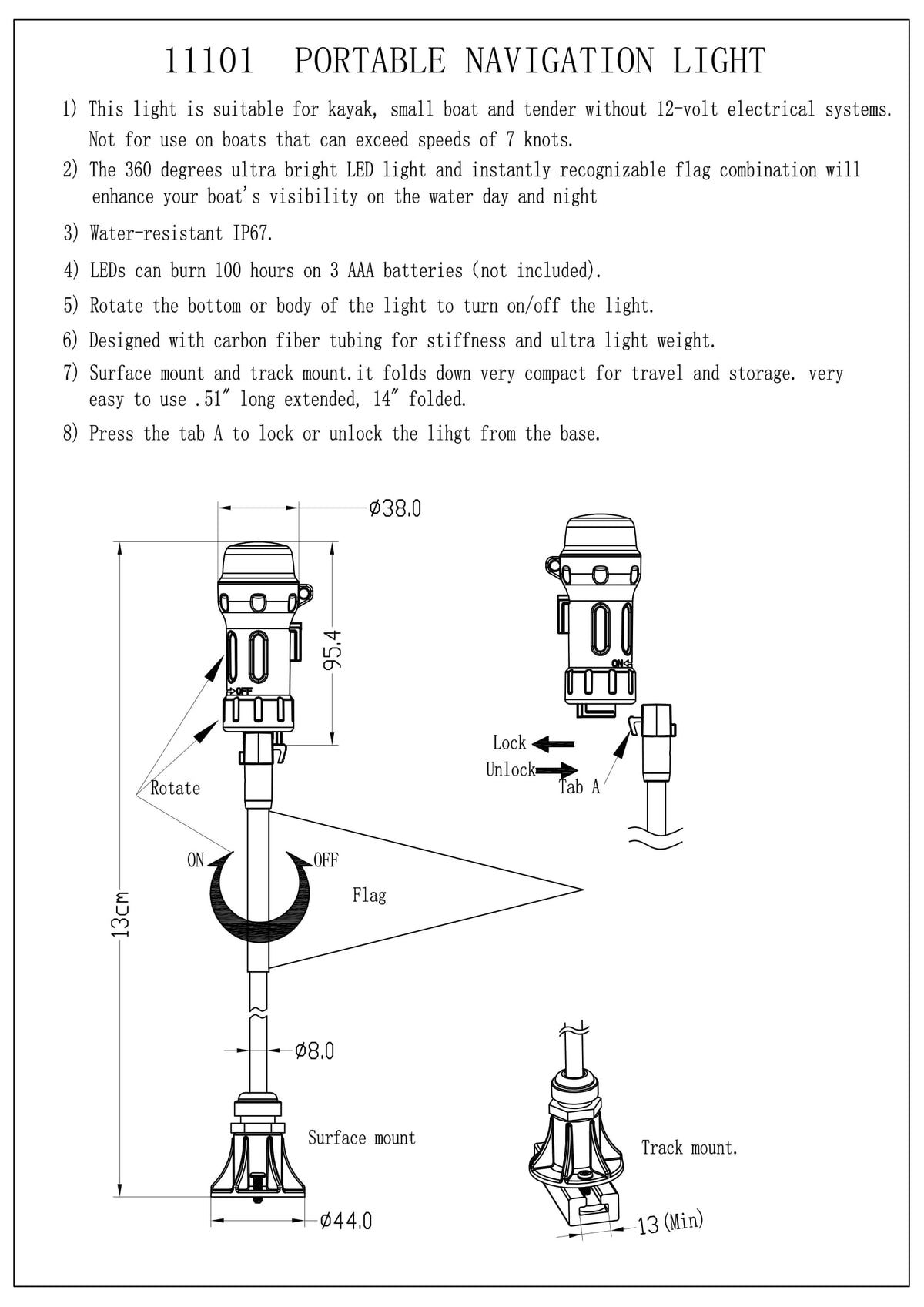 Red Triangle Flag Pole Socket Base Bronze Anodize Aluminum 5/16" Tube Foldable Pole with Light Y695