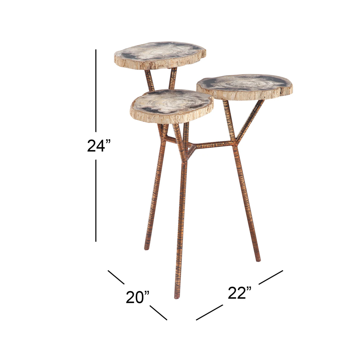 Bronze Petrified Stone 3 Tier Accent Table with Gold Base X5863