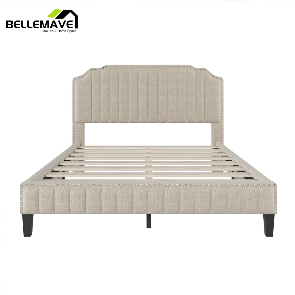 Linen Upholstered Platform Bed Frame Queen Size with Headboard W567