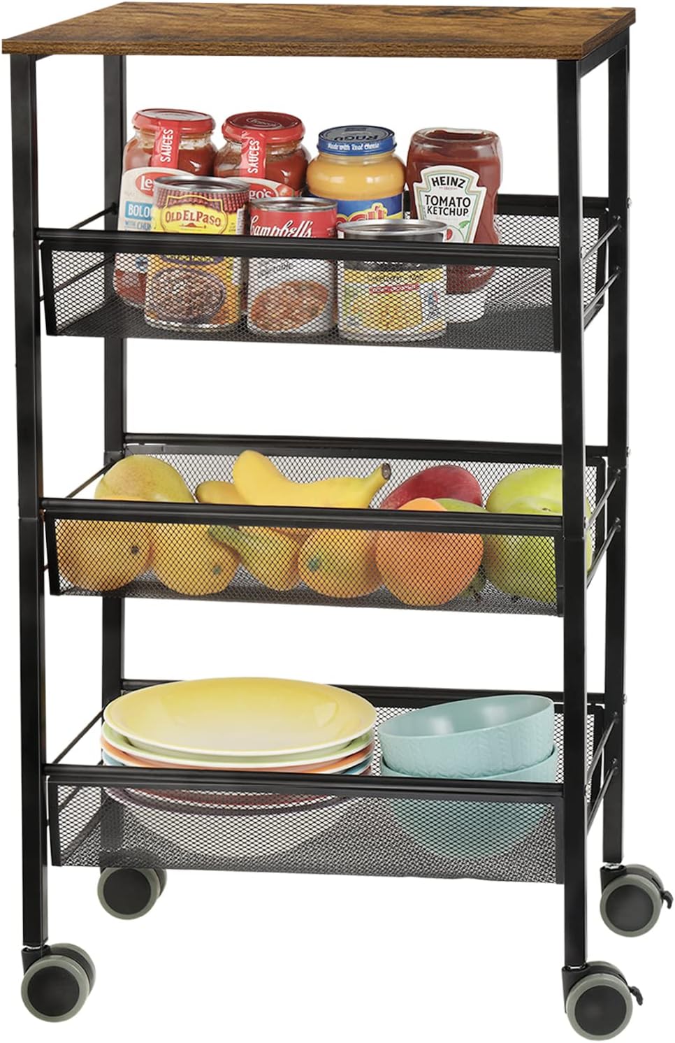 Black 3-Tier Rolling Kitchen Cart with Wooden Shelves M469