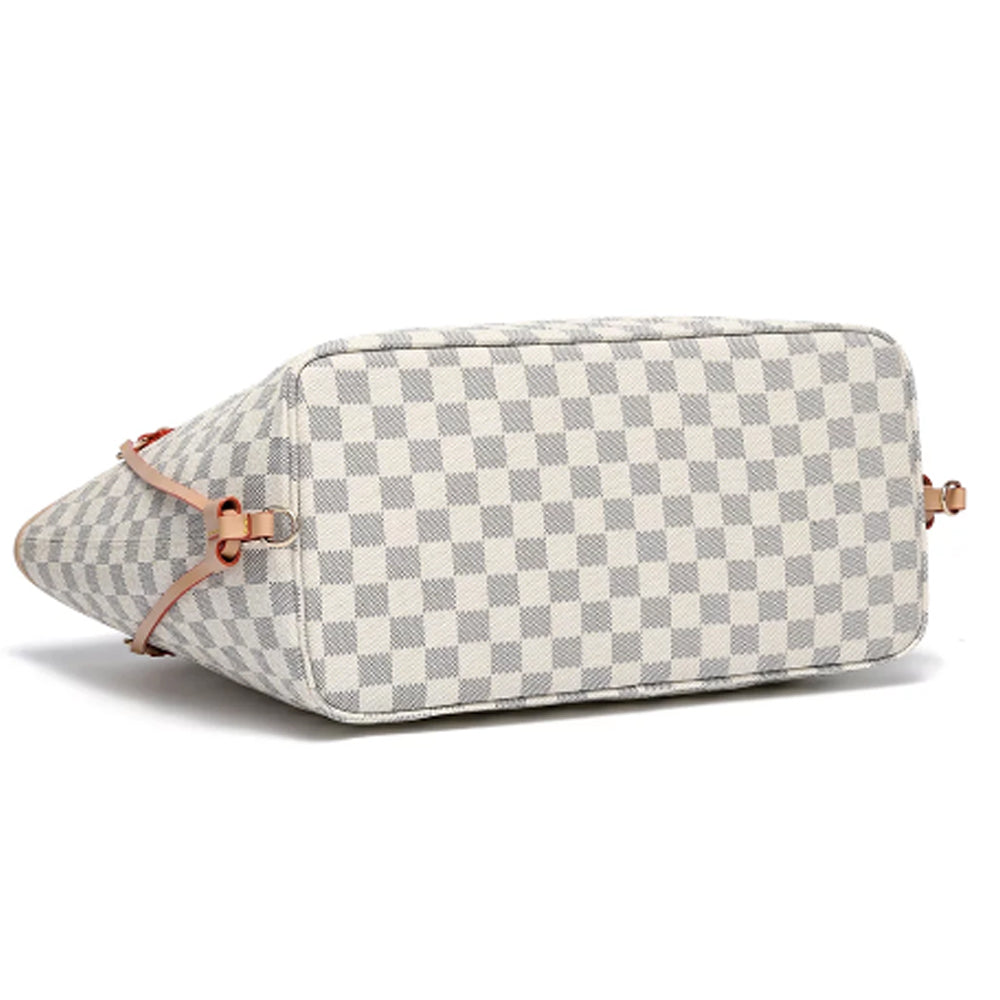 Checkered PU Leather Tote Bag with Inner Pouch K54501
