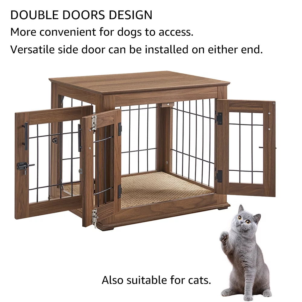 Wooden Double Doors Dog Crate with Pet Bed X36724