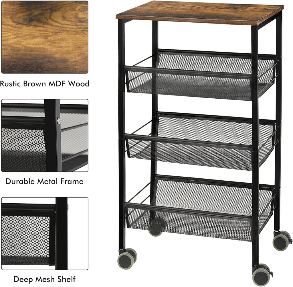Black 3-Tier Rolling Kitchen Cart with Wooden Shelves M469