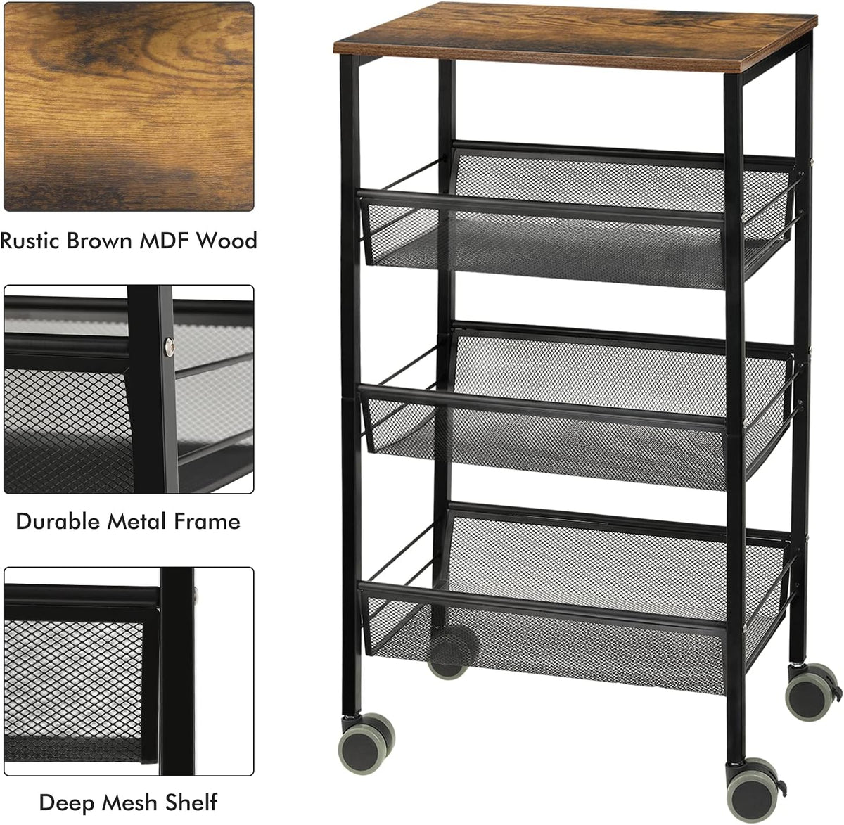 Black 3-Tier Rolling Kitchen Cart with Wooden Shelves M469