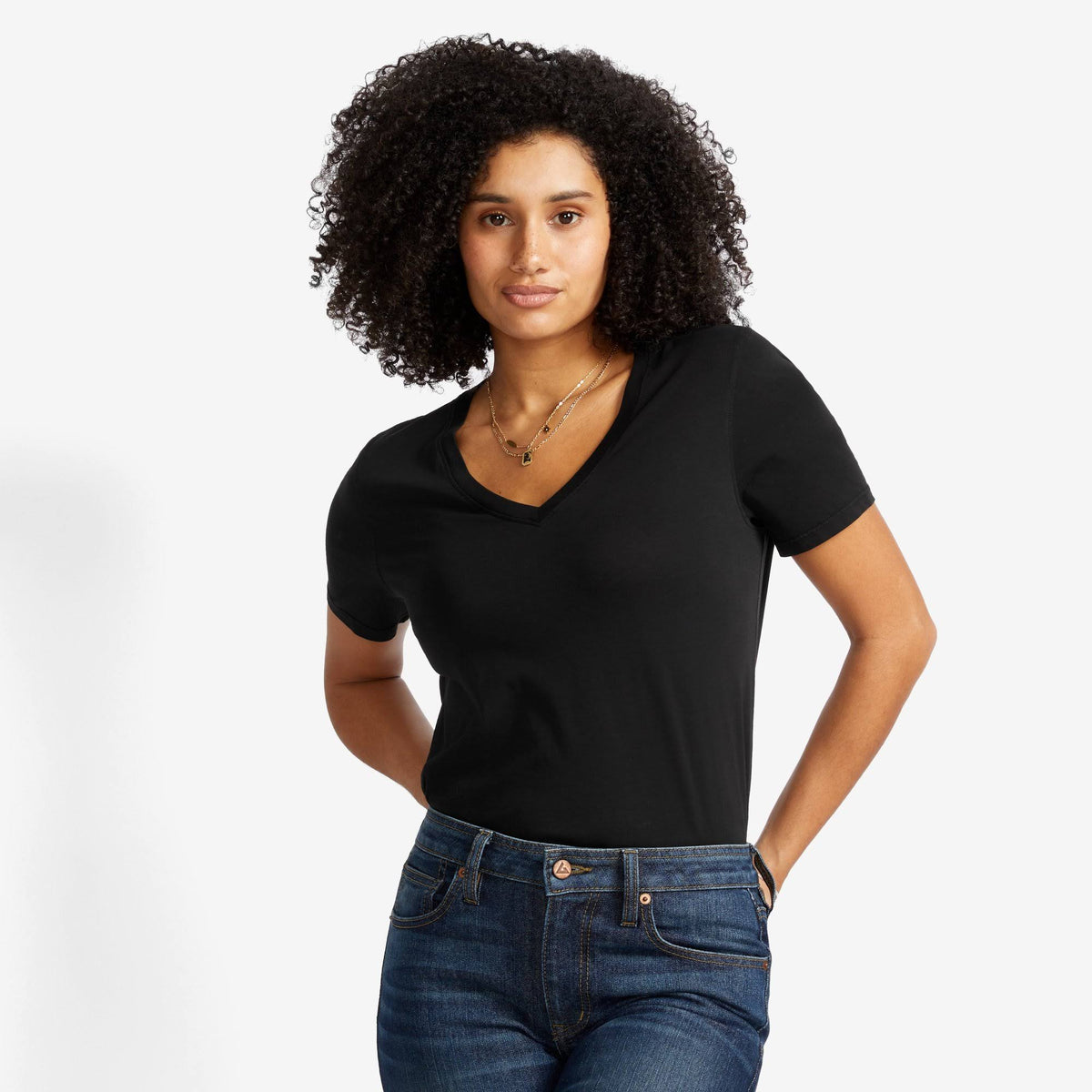 Black Cotton V-Neck T R698329