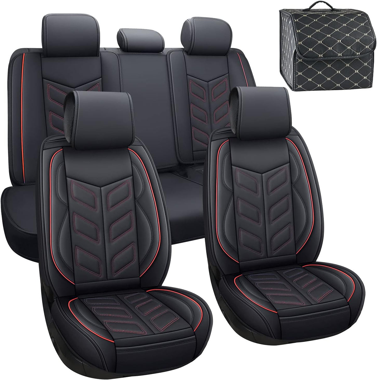 Front Pair Black+Red Faux Leather Car Seat Covers X512146