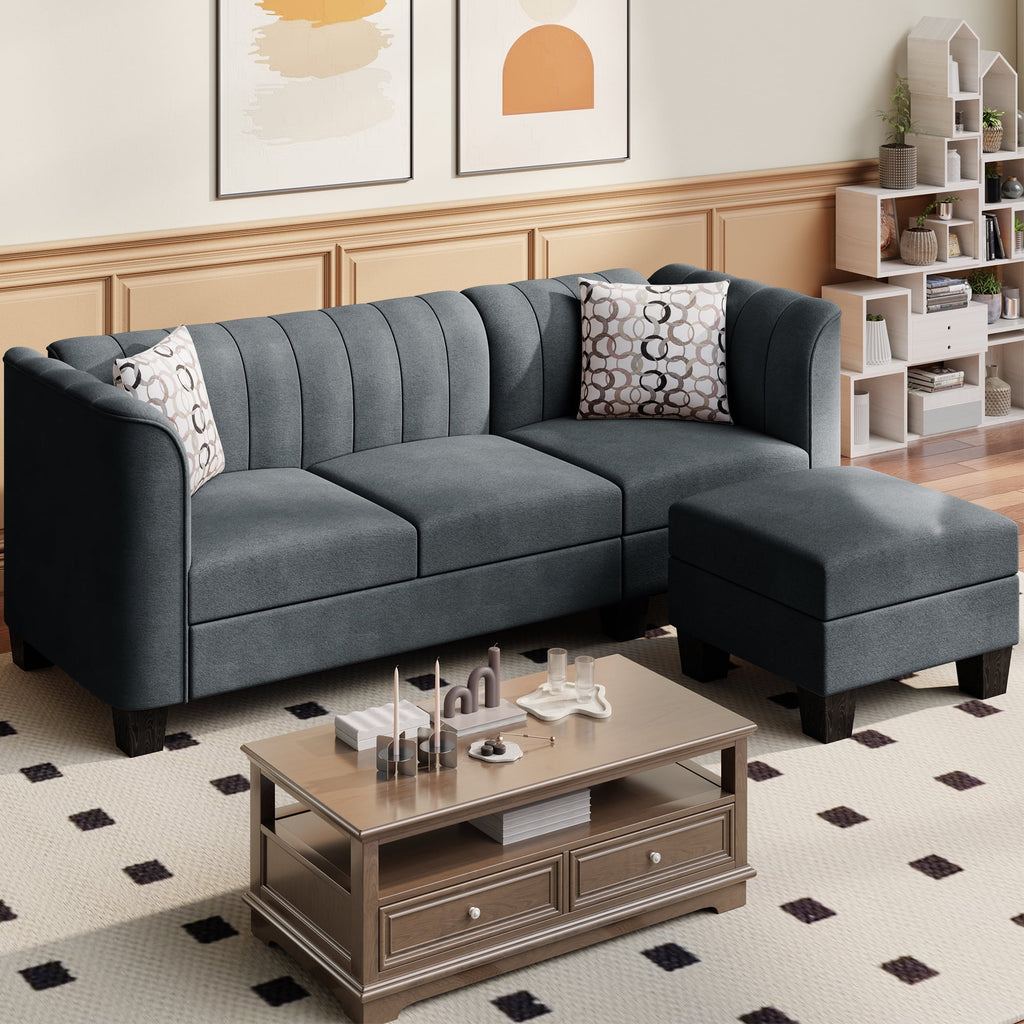 Black L Shaped Linen Fabric Sectional Sofa K34451
