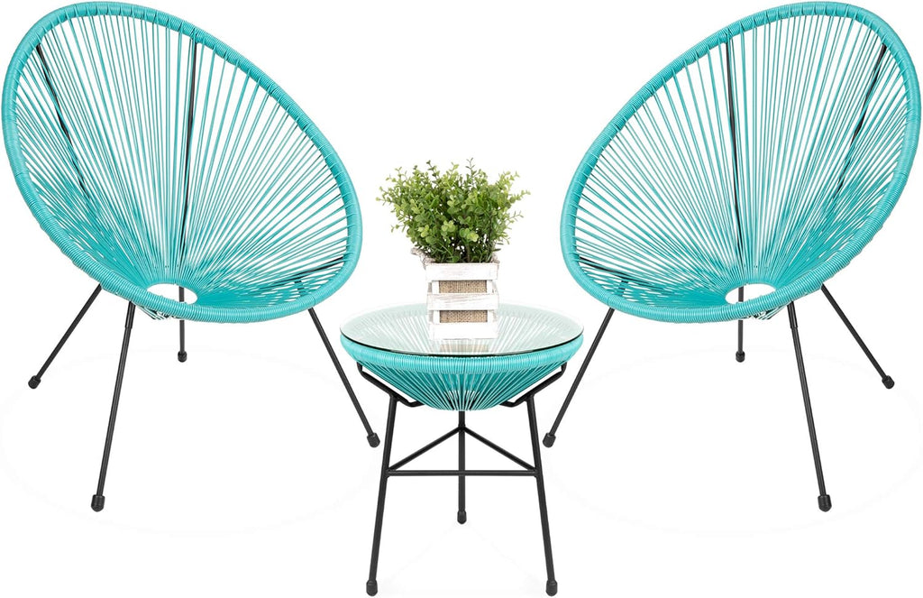 3-Piece Outdoor Acapulco Patio Conversation Bistro Set with Plastic Rope, Glass Top Table and 2 Chairs - Gray E963946