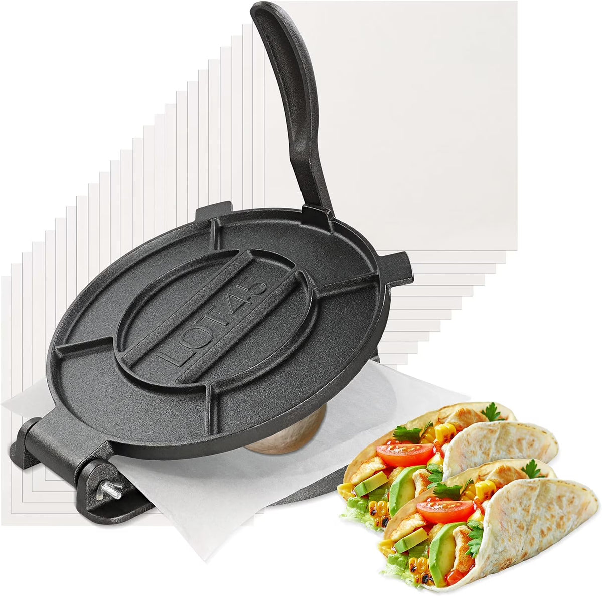 Cast Iron Tortilla Press with 50 Parchment Paper U8239