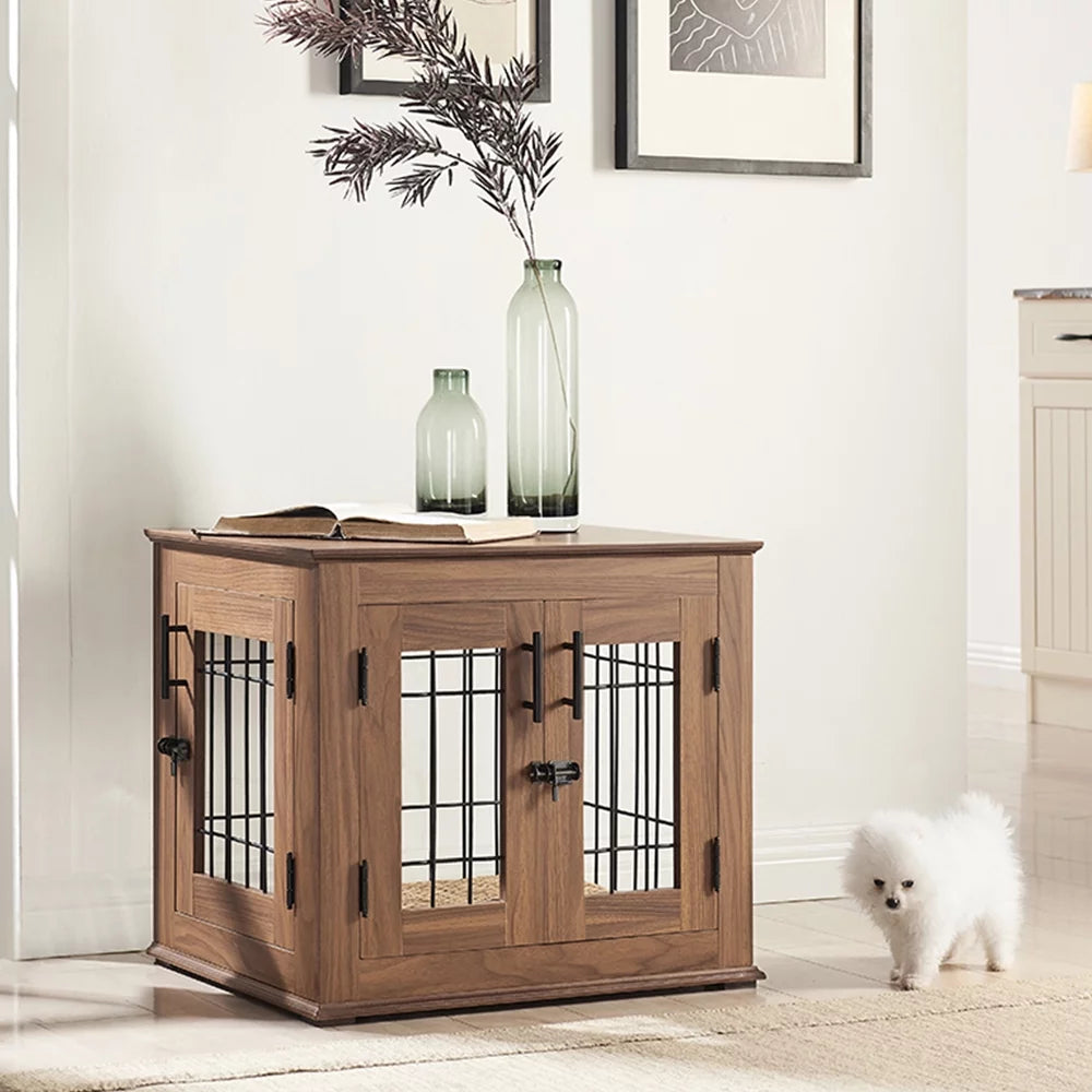 Wooden Double Doors Dog Crate with Pet Bed X36724