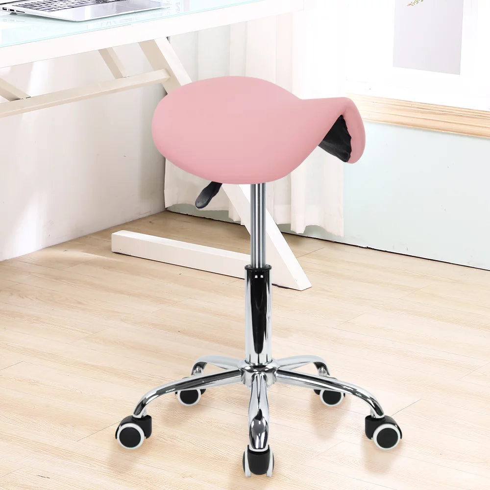 Pink PU Leather Adjustable Rolling Saddle Stool H82357