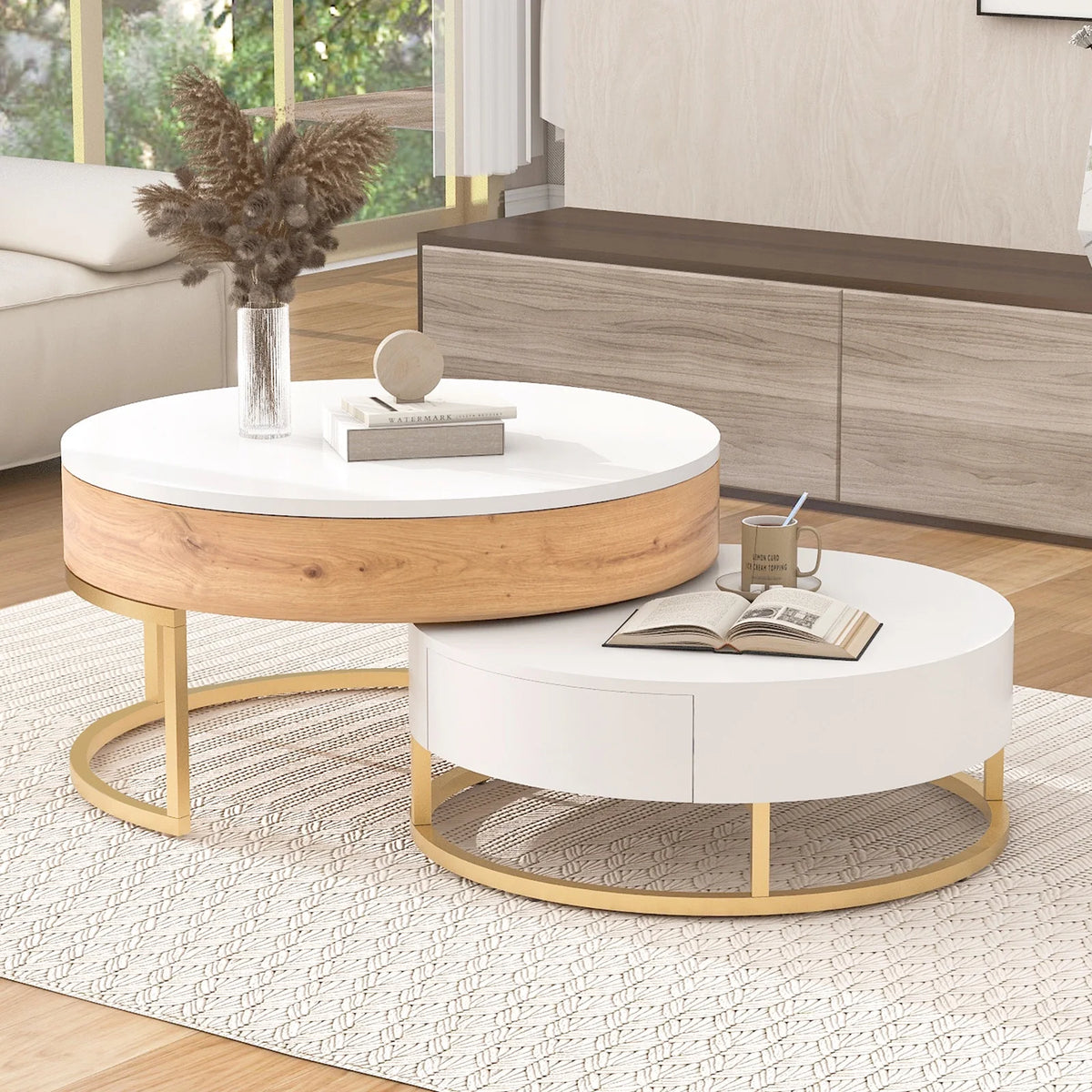 Round Lift-top Nesting Coffee Tables with 2 Drawers V802