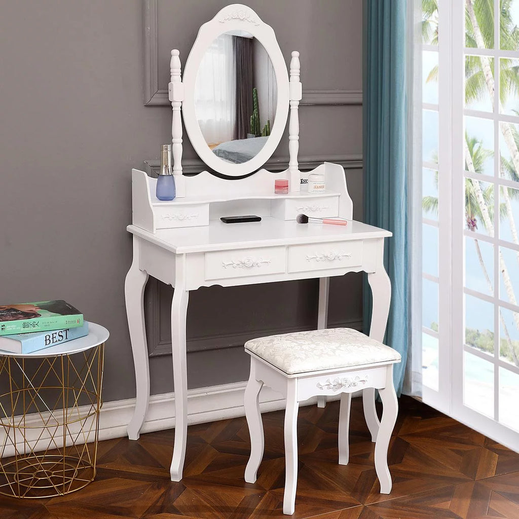 White Vanity Table and Stool Set with 4 Drawers & Mirror H34253
