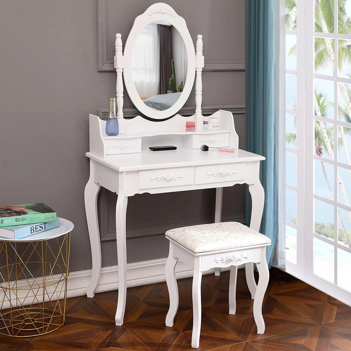 White Vanity Table and Stool Set with 4 Drawers & Mirror H34253