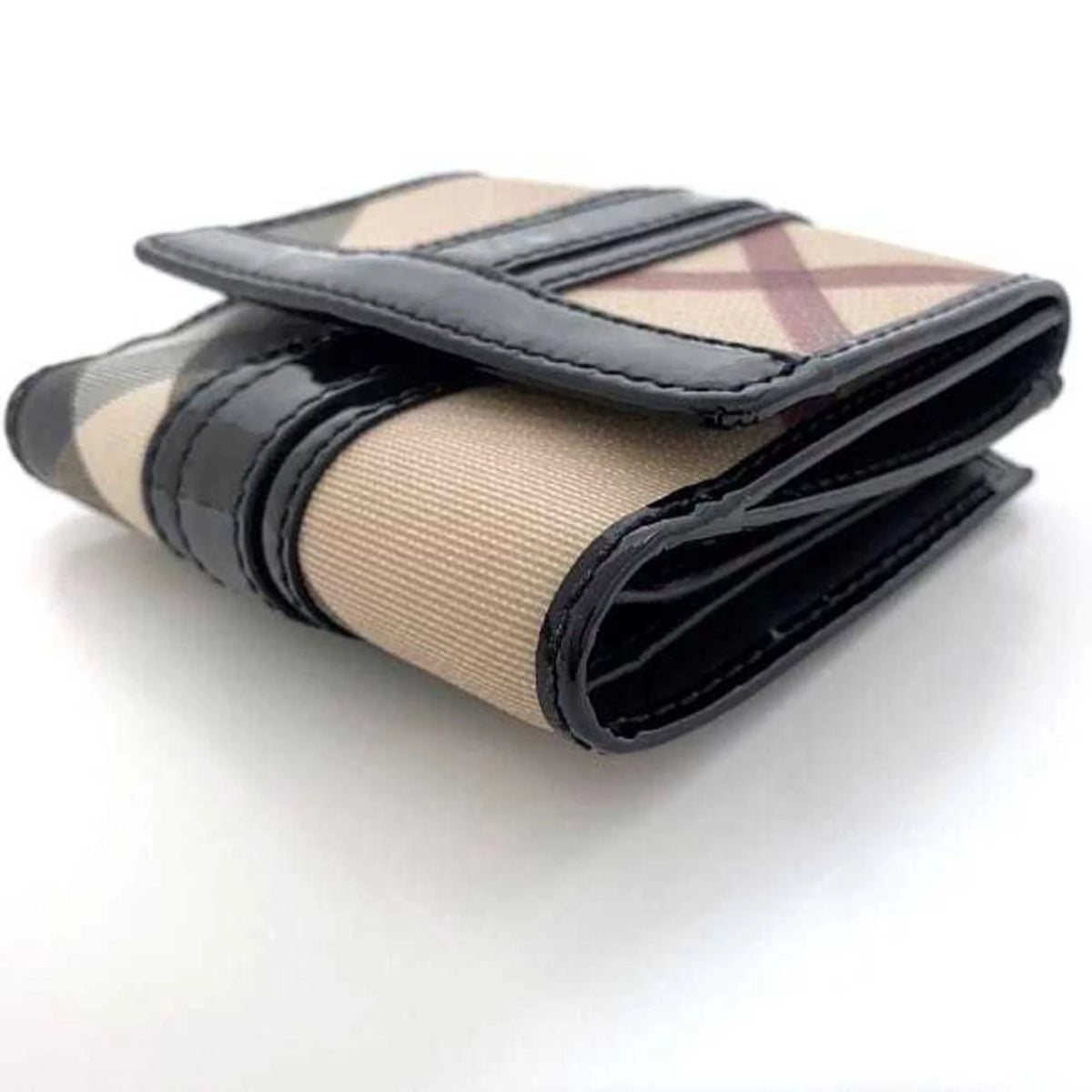 Pre-Owned Beige Black Check PVC Patent Leather Wallet W2194