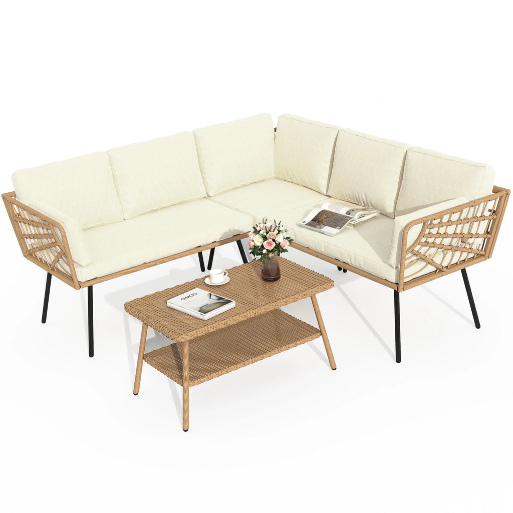 Beige Wicker L-Shaped Sofa Set with Cushions and Coffee Table A4445