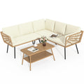 Beige Wicker L-Shaped Sofa Set with Cushions and Coffee Table A4445