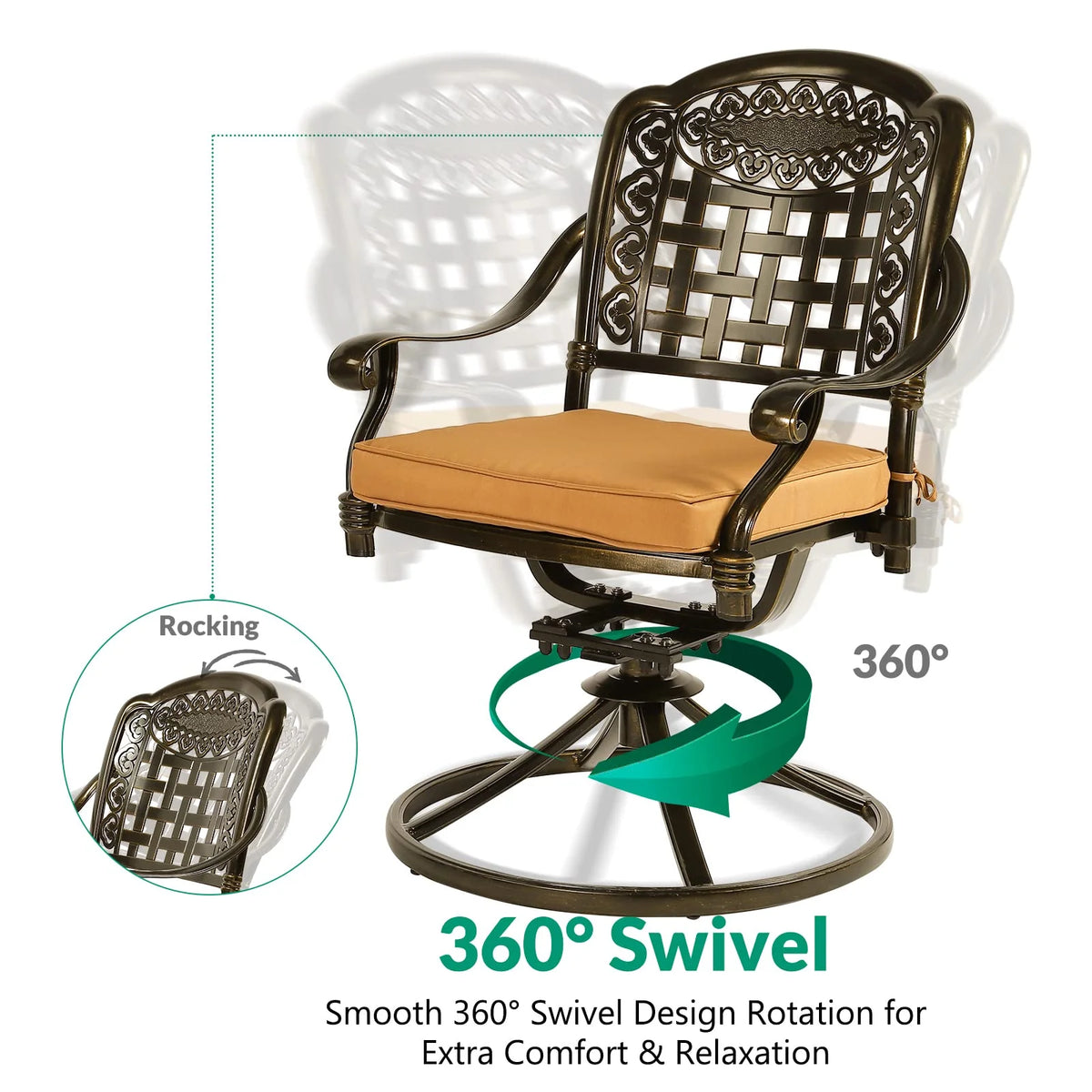2-Piece Cast Aluminum Swivel Rocker Patio Dining Chairs with Cushion I302997
