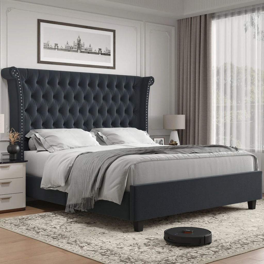 King Size Velvet Tufted Upholstered Platform Bed I2436