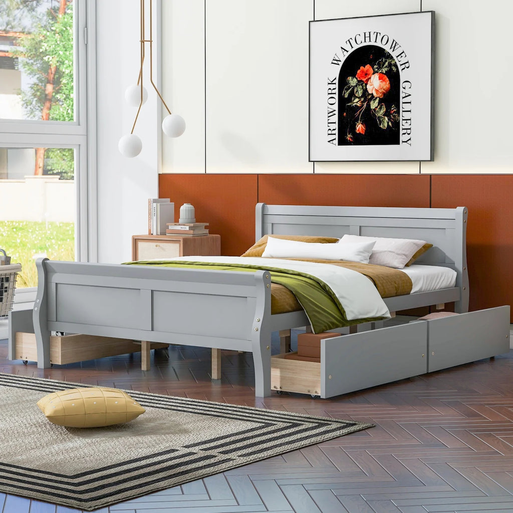 Queen Size Wood Platform Bed with 4 Drawers Y5346