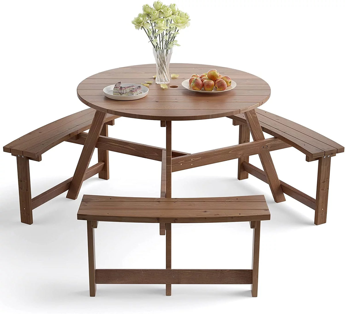 6 People Wooden Picnic Table Bench Set with Umbrella Hole F651177