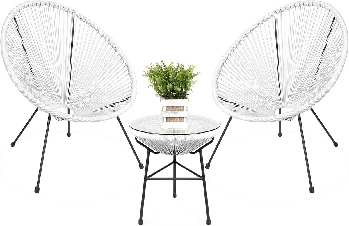 3-Piece Outdoor Acapulco Patio Conversation Bistro Set with Plastic Rope, Glass Top Table and 2 Chairs - Gray E963946