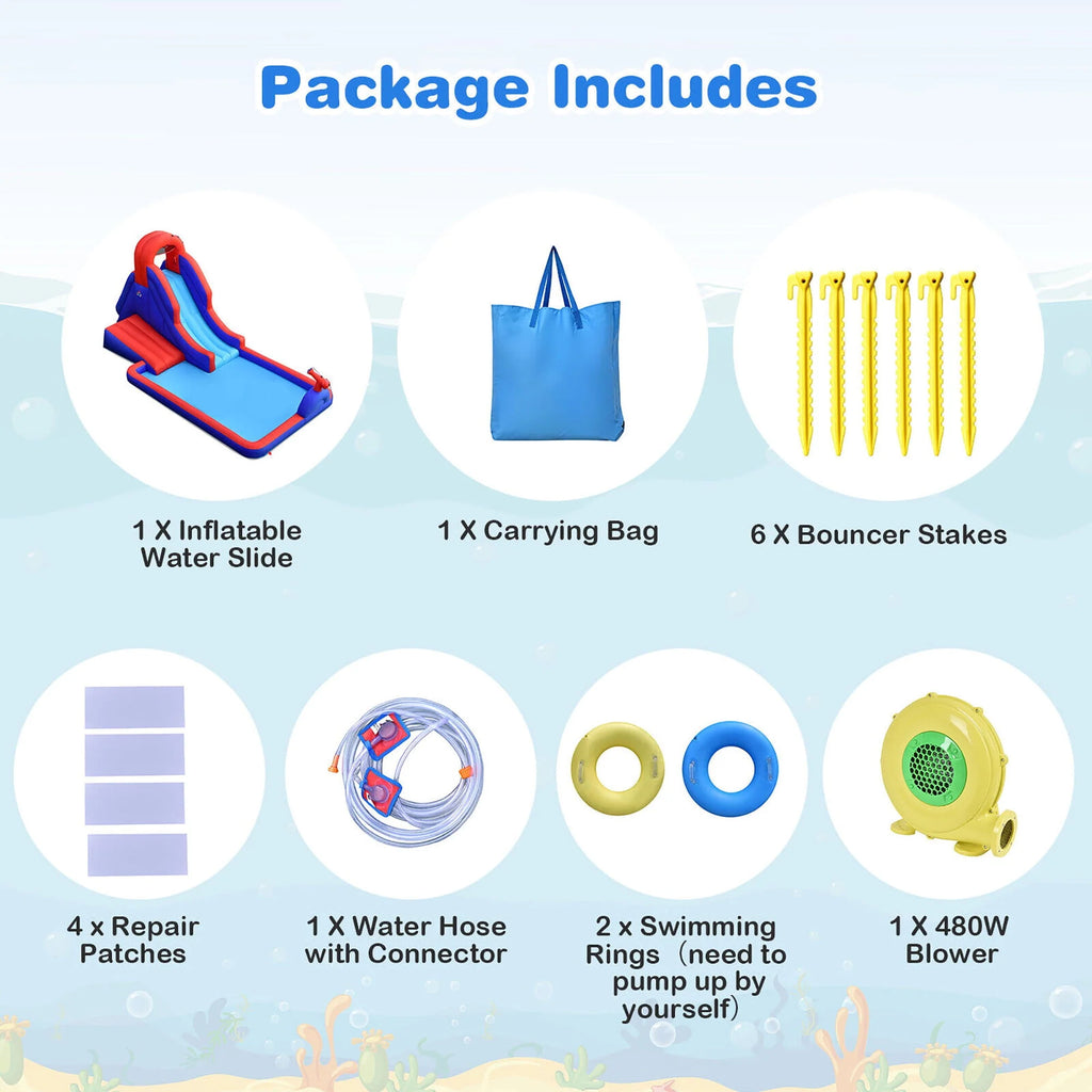 Inflatable Waterslide with Climbing Wall Slide Splash Pool Swim Rings U3582