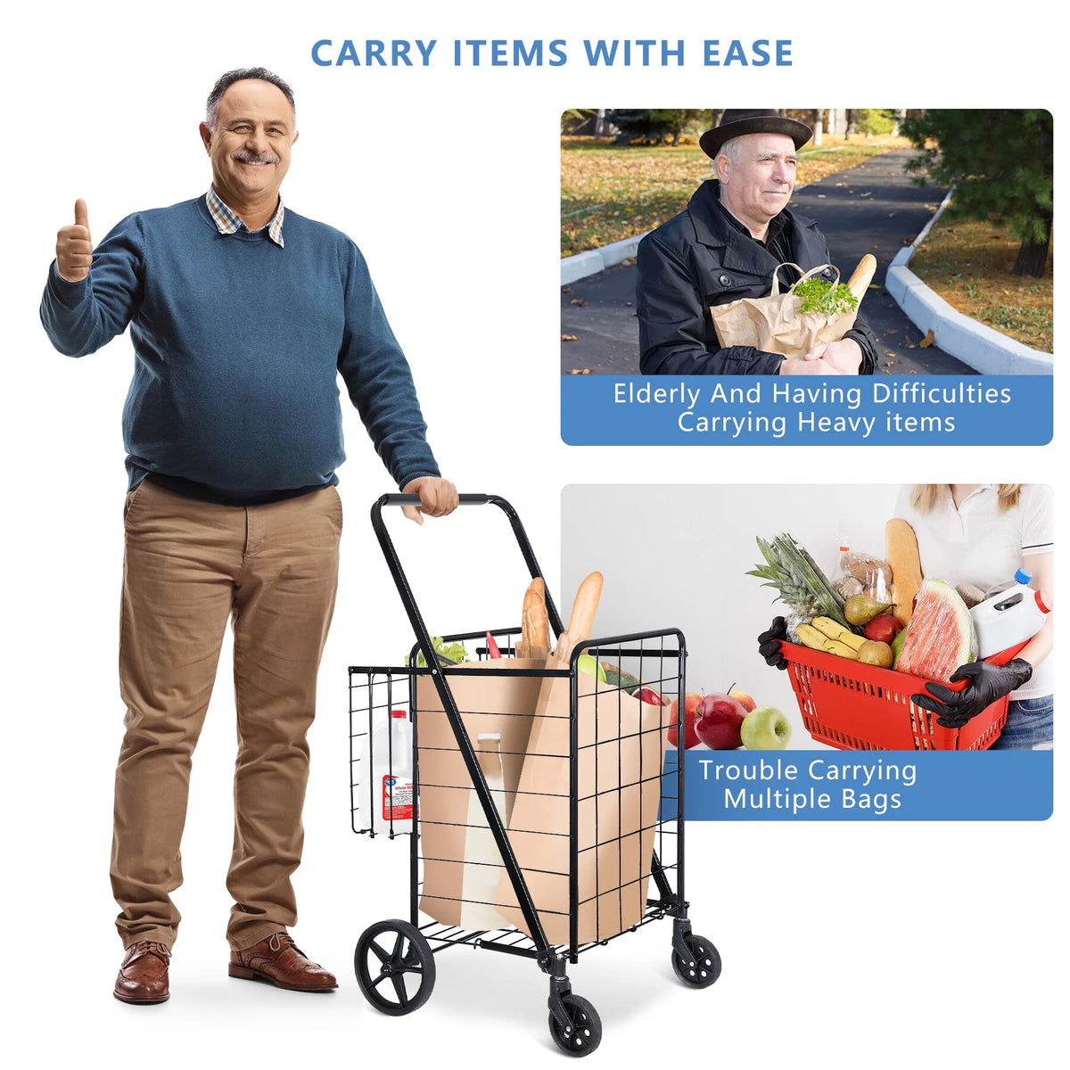 Black Folding Utility Shopping Cart with Double Basket and Wheels S24030