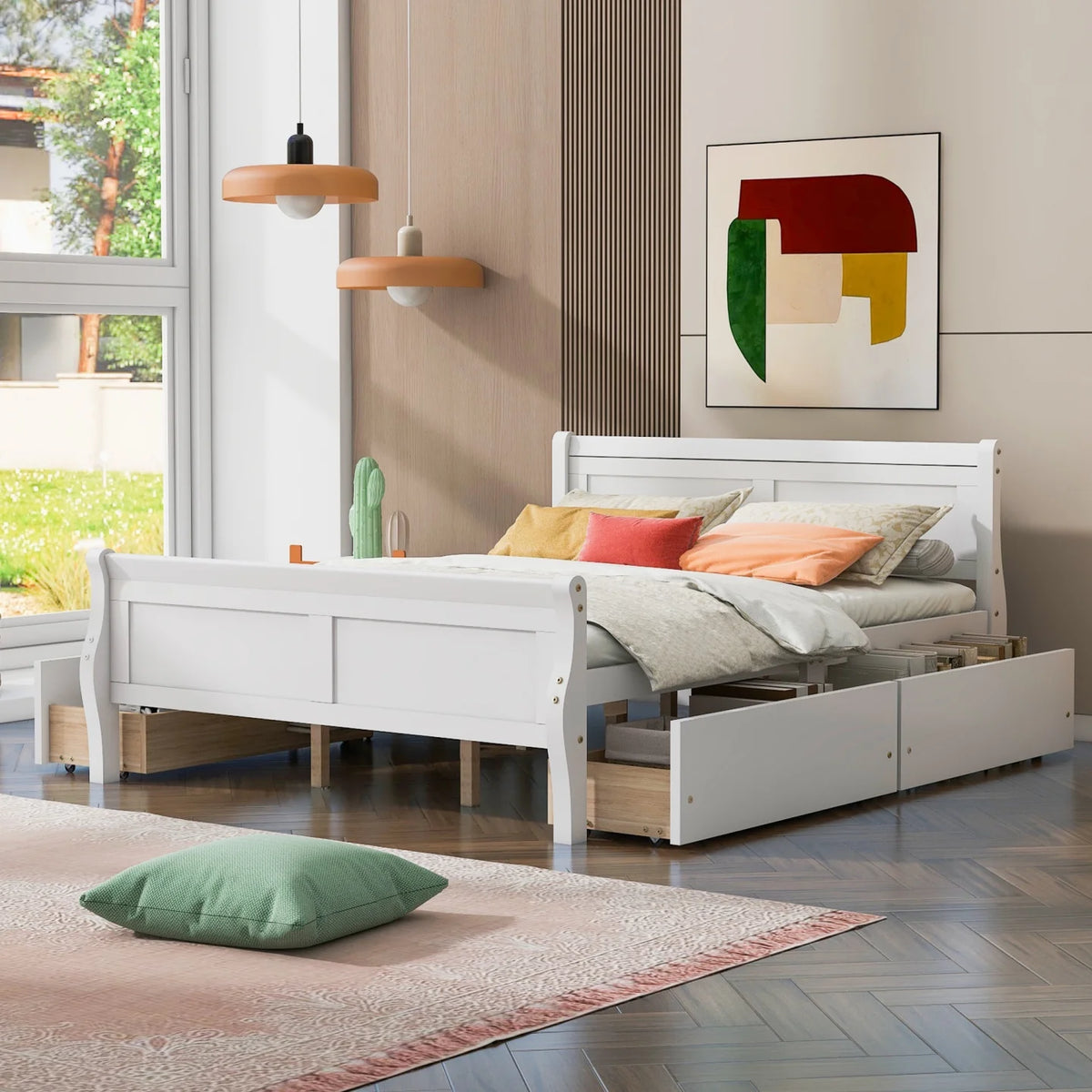 Queen Size Wood Platform Bed with 4 Drawers Y5346