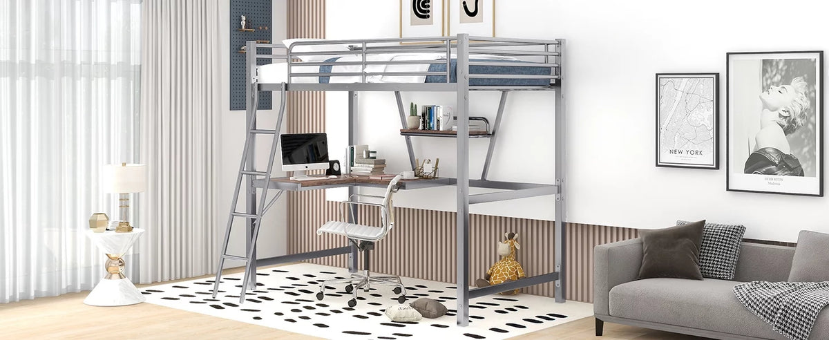 Twin Size Metal Loft Bed with Desk and Storage Shelf W384