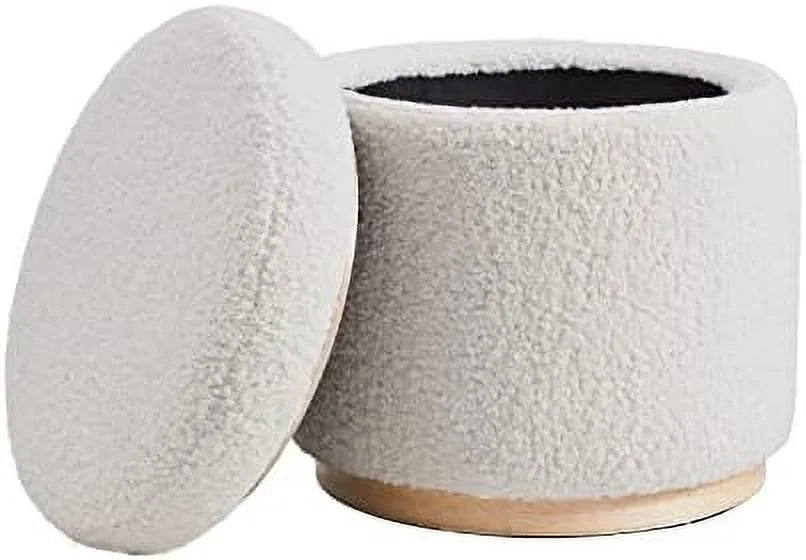 Natural Sherpa Round Ottoman with Wood Accent P90703