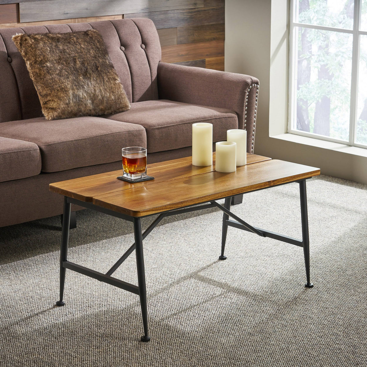 Rustic Industrial Acacia Wood Coffee Table with Metal Frame P65797