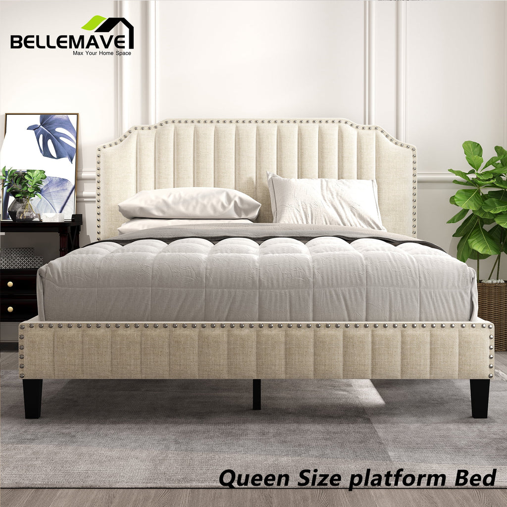 Linen Upholstered Platform Bed Frame Queen Size with Headboard W567