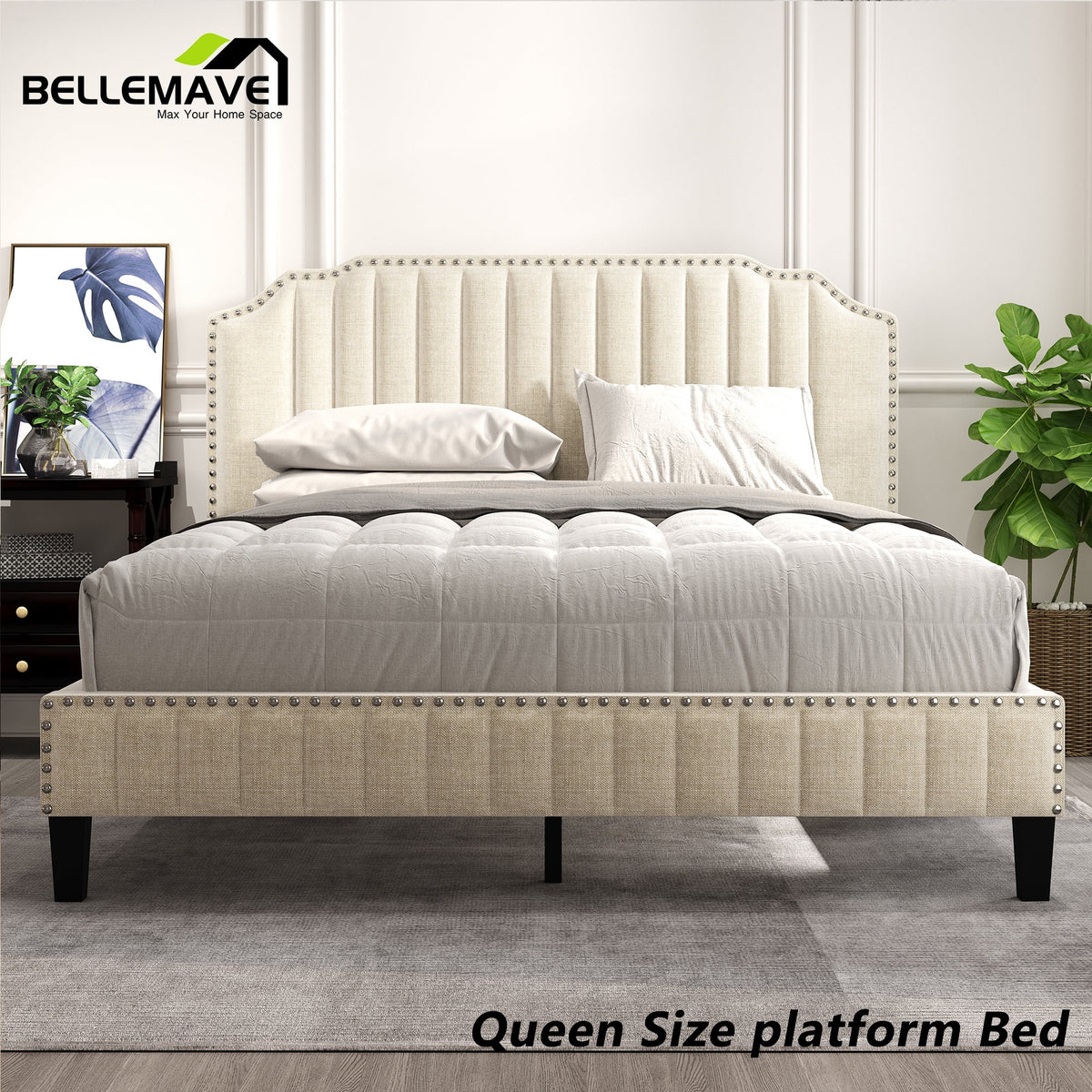 Linen Upholstered Platform Bed Frame Queen Size with Headboard W567