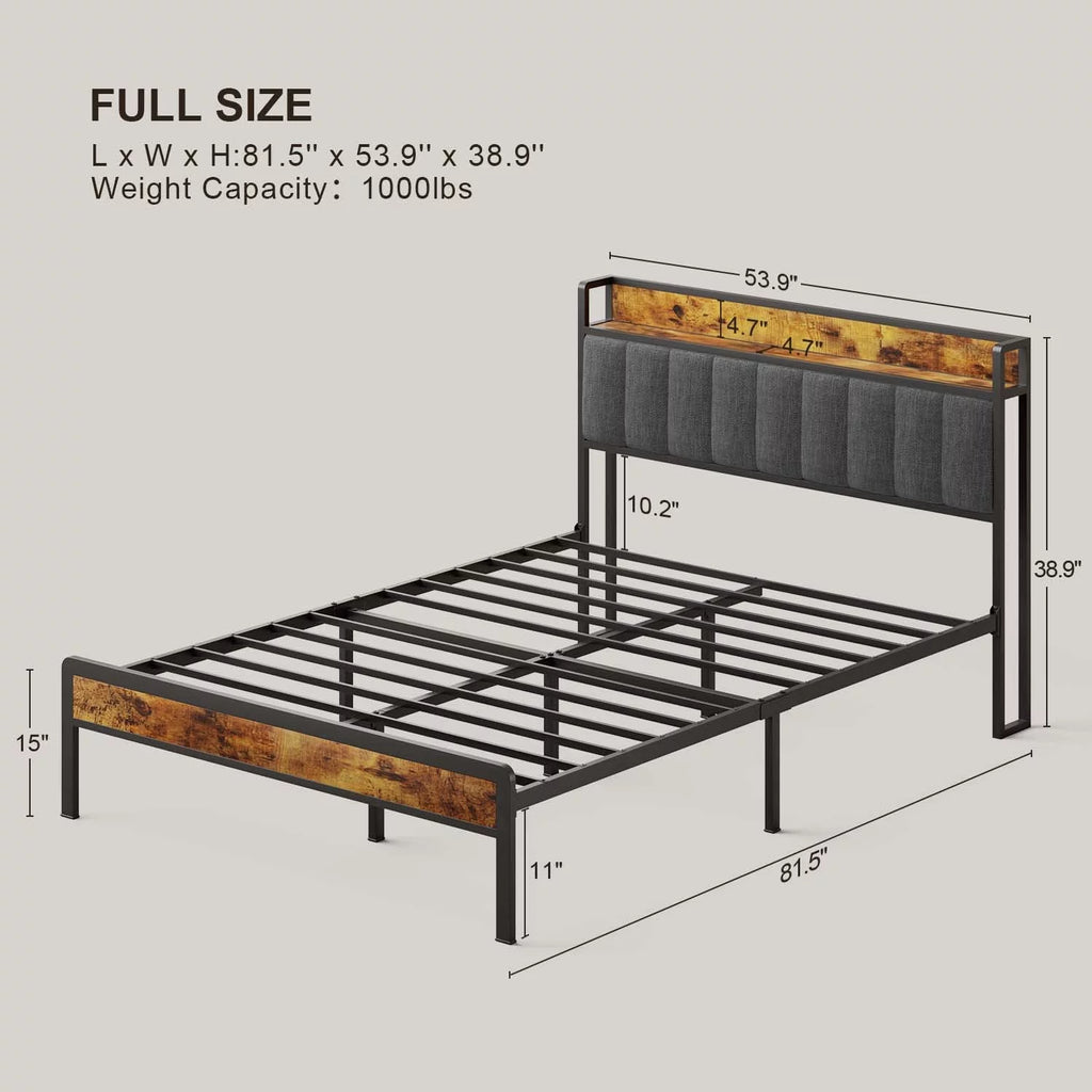 Full Size Bed Frame with Storage Headboard Dark Gray C398818