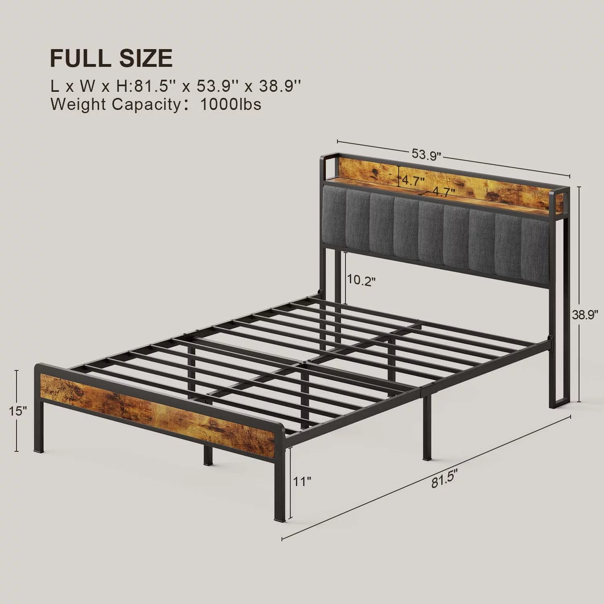 Full Size Bed Frame with Storage Headboard Dark Gray C398818