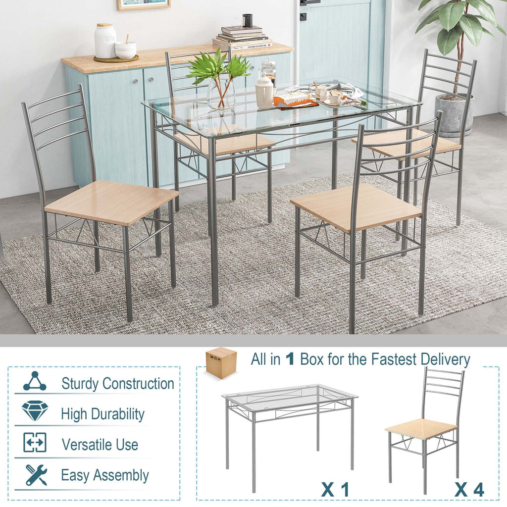 5 Piece Dining Set Table and 4 Chairs Glass Top Brown M349