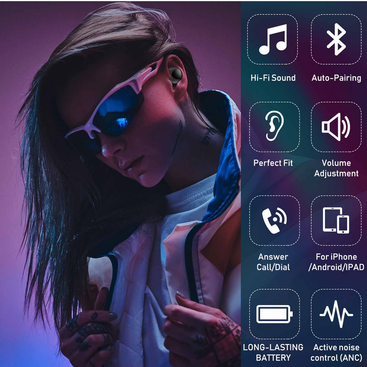 Black True Wireless Earbuds with Active Noise Cancelling W3107