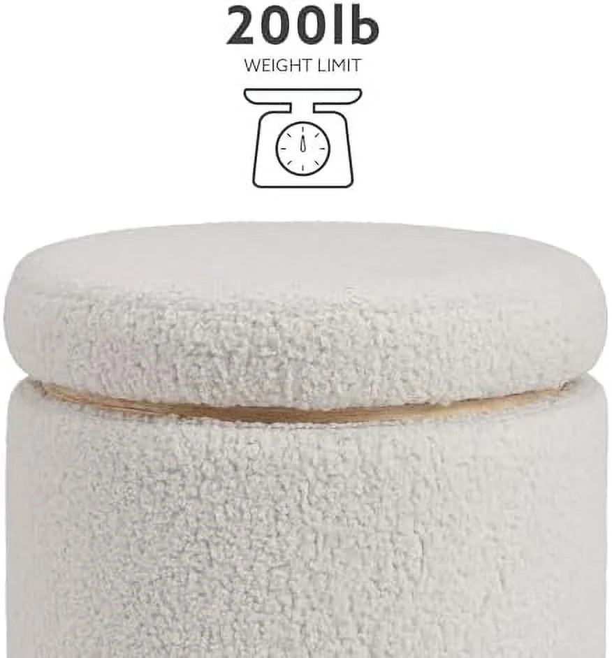 Natural Sherpa Round Ottoman with Wood Accent P90703