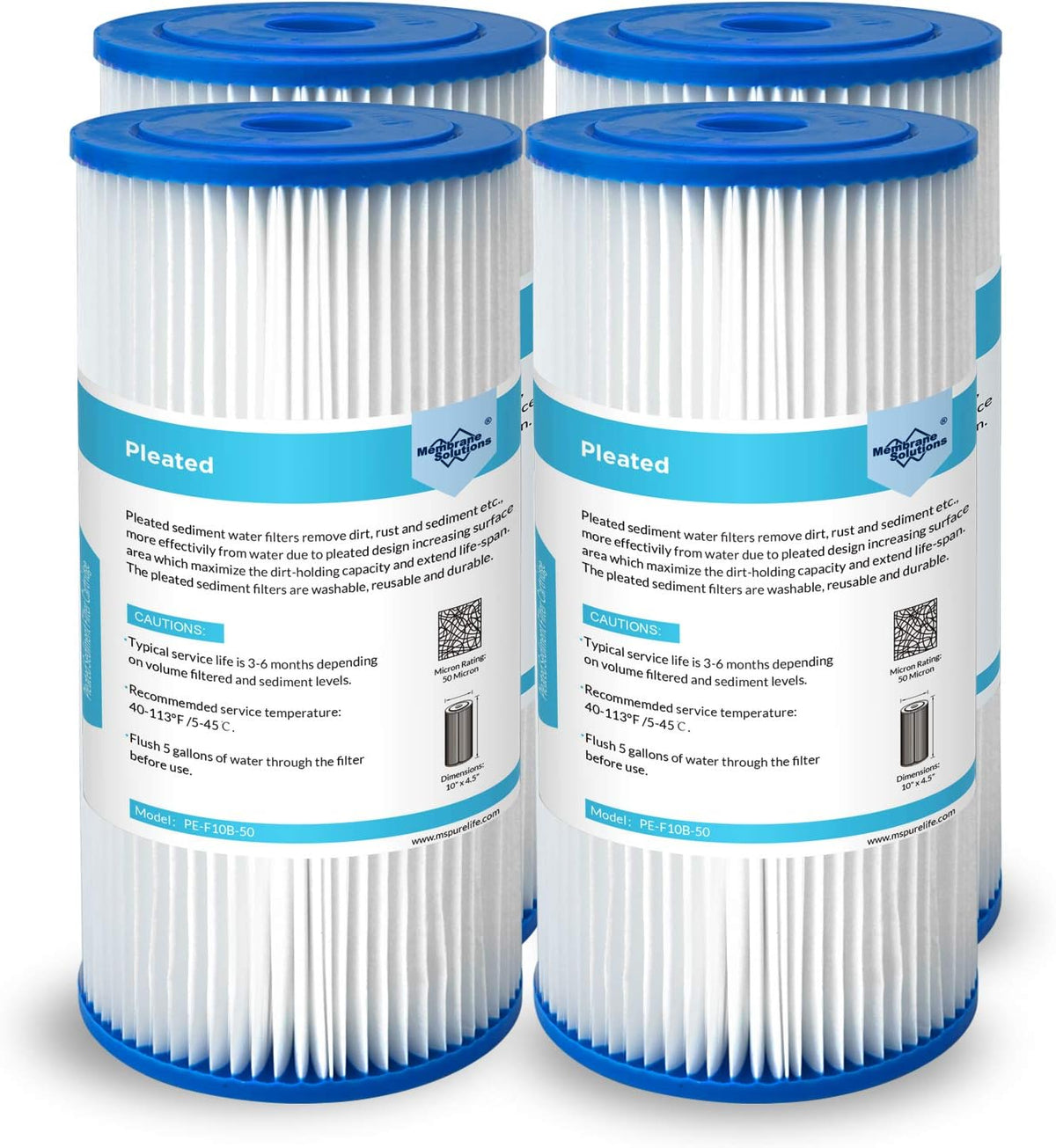 50 Micron Pleated Water Filter 10x4.5 Sediment Replacement Cartridge (4 Pack) Q79742