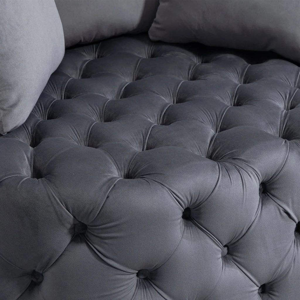 Gray Velvet Tufted Barrel Chair with Wooden Legs and 3 Pillows W99735