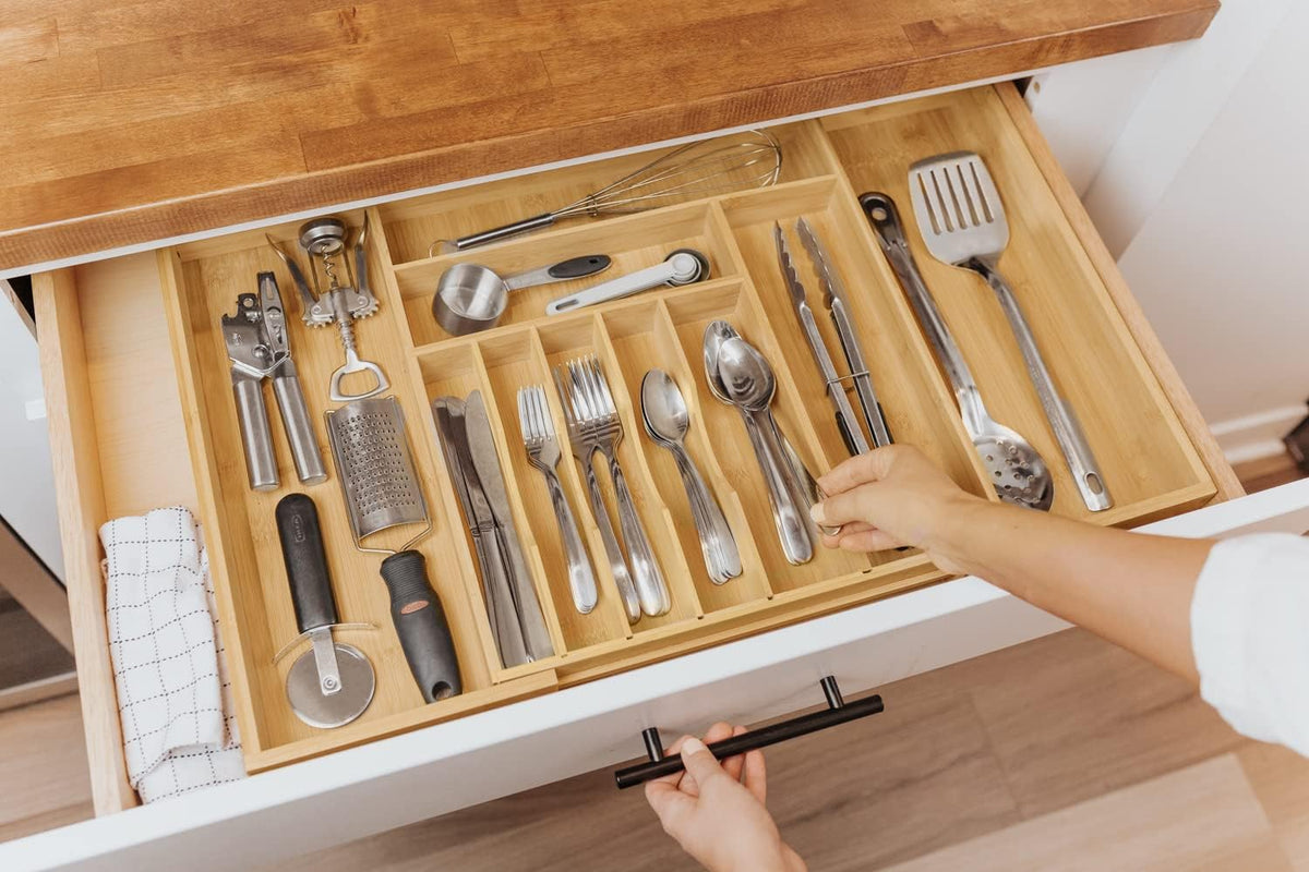 Expandable 28 Inch Bamboo Utensil Organizer, 10 Compartments, Pack of 2 X24642