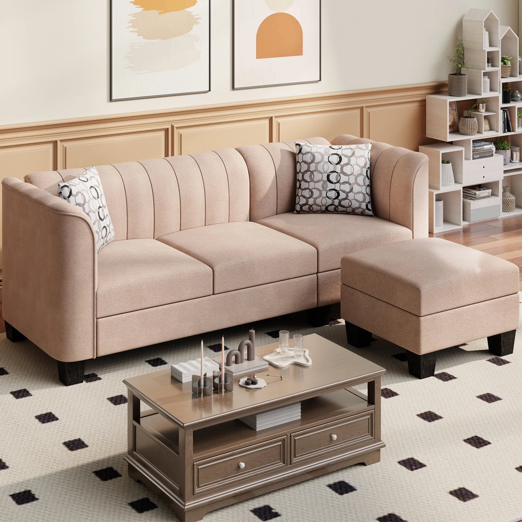 Black L Shaped Linen Fabric Sectional Sofa K34451