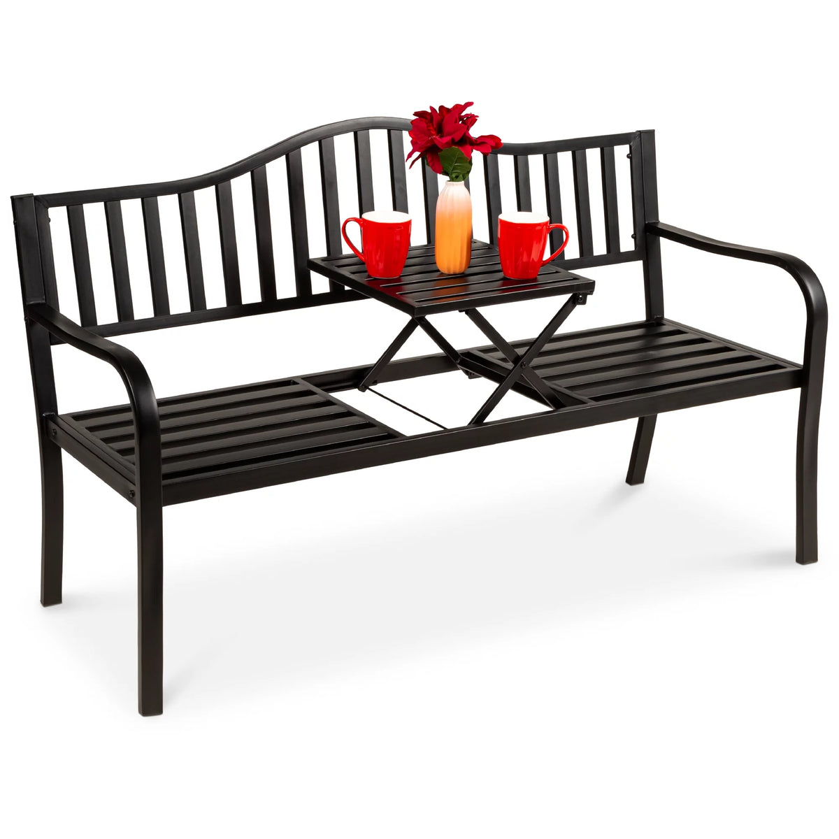 Black Steel Patio Bench with Pullout Middle Table P4414