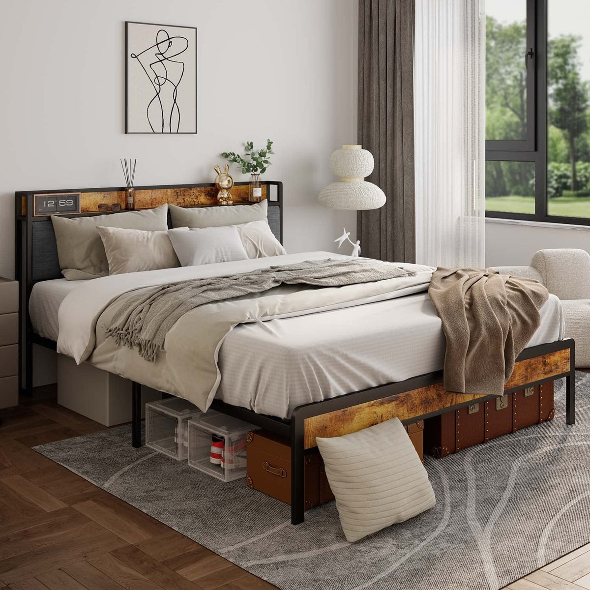 Full Size Bed Frame with Storage Headboard Dark Gray C398818
