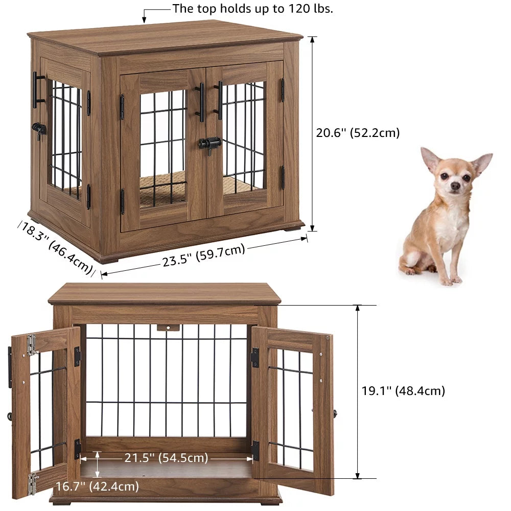 Wooden Double Doors Dog Crate with Pet Bed X36724