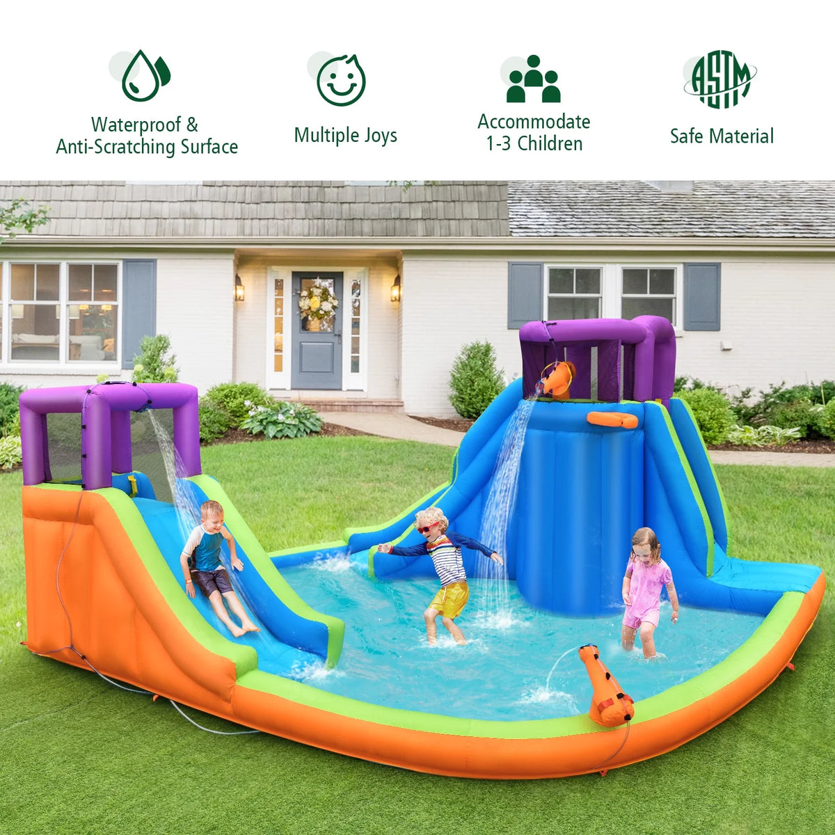 6 in 1 Inflatable Dual Slide Water Park Climbing Bouncer with 950W Blower D430